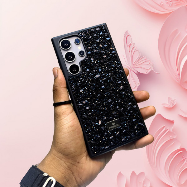 Swarovski Glossy Black Stone Side Bumper Rubber Case For Samsung Galaxy S24-Ultra S23-Ultra S22-Ultra