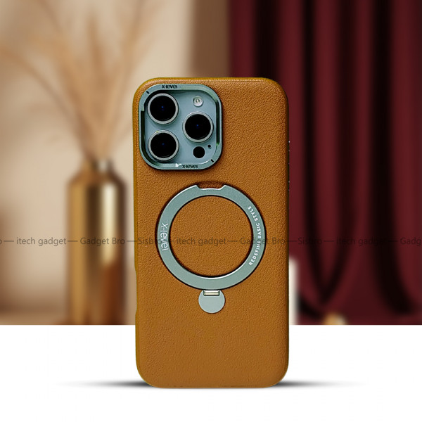 Luxury Leather Magnetic Wireless Charging Supported Metal Ring Stand Case For Iphone  16 To 16 Pro Max