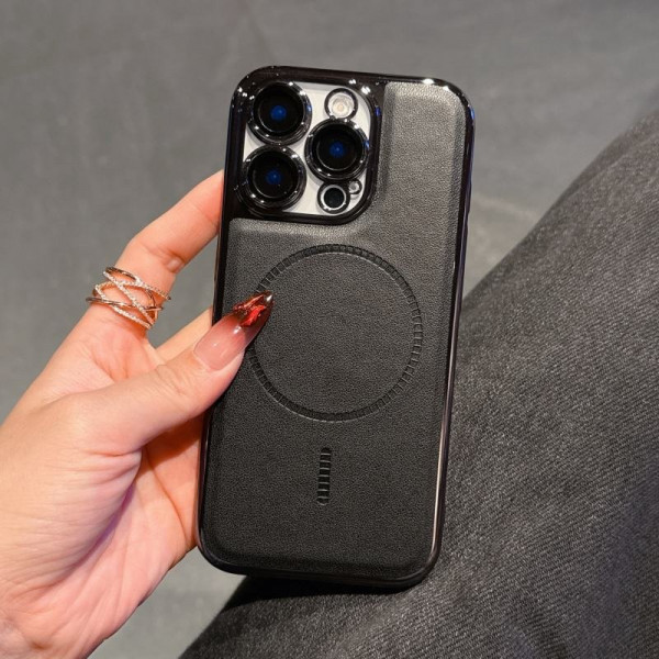 New Electroplating PU Leather Magnetic Case for iPhone With Glass Lens Film Shockproof Hard Cover