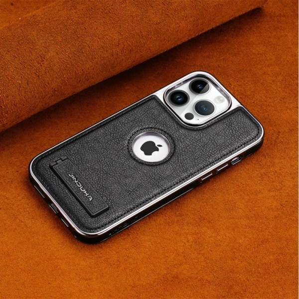 High-End Electroplating bracket Leather Case For iPhone 12 To 16 Pro Max 
