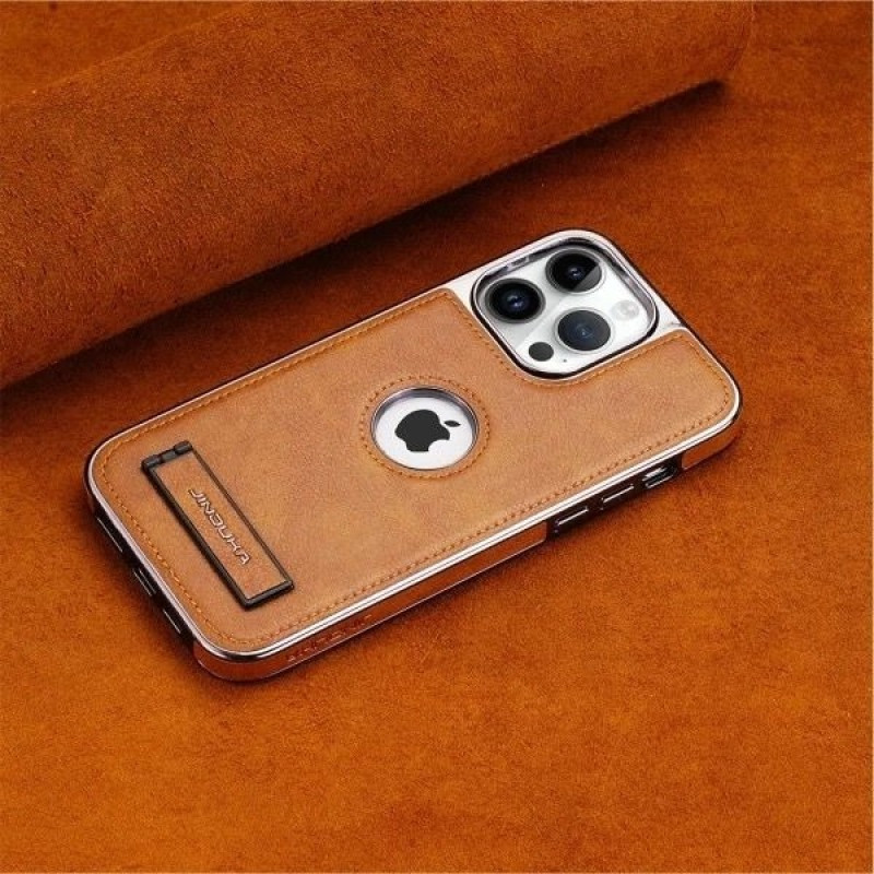 High-End Electroplating bracket Leather Case For iPhone 12 To 16 Pro Max 