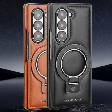 Luxury Leather Ring Holder Case for Samsung Z Fold 6/5/4 – Shockproof & Wireless Charging Compatible