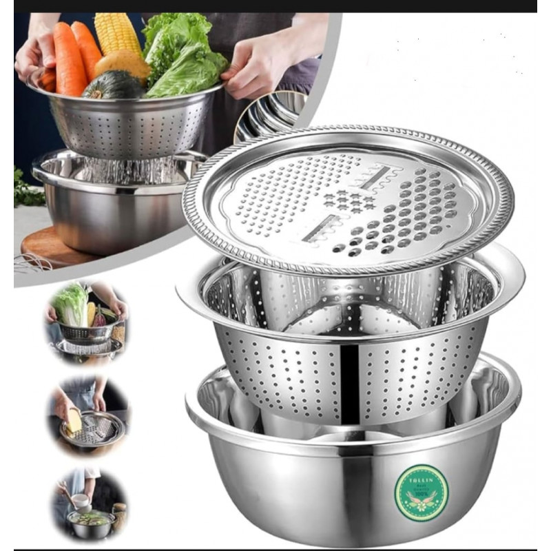 HILL. - Stainless Steel 3 In 1 Vegetable Slicer Basket Drain Basin _