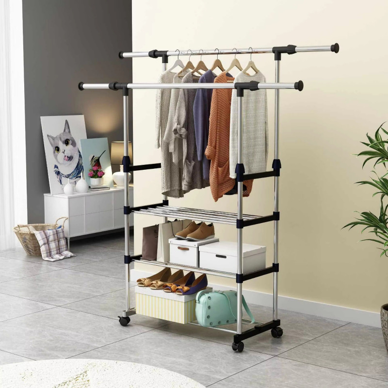Adjustable Double Pole Clothes Rack with Storage Shelf