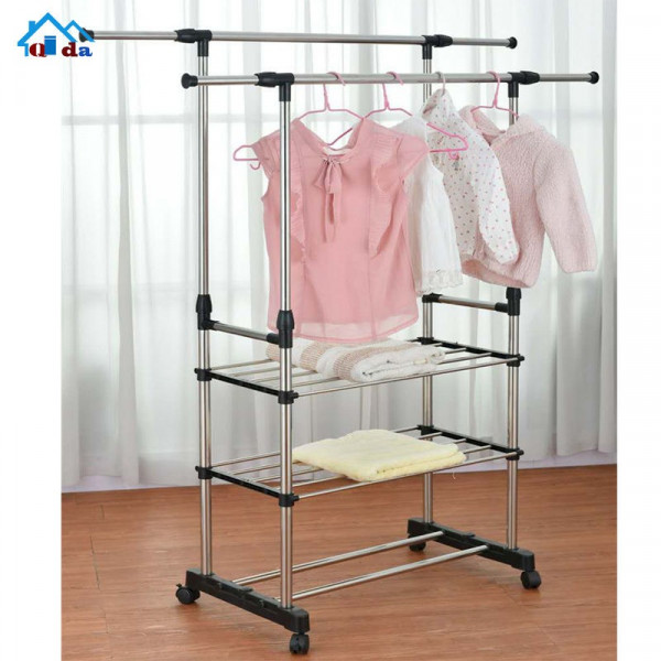 Adjustable Double Pole Clothes Rack with Storage Shelf